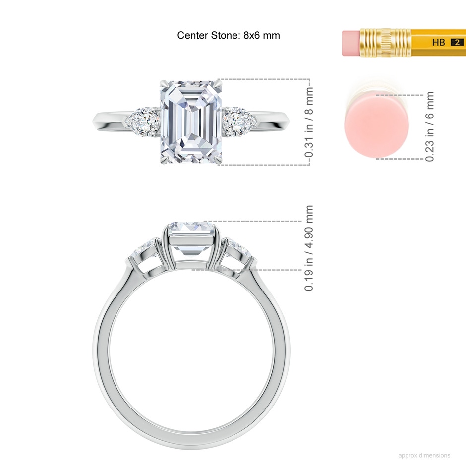 8x6mm FGVS Lab-Grown Emerald-Cut Diamond and Pear Diamond Three Stone Engagement Ring in White Gold ruler