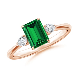 7x5mm Labgrown Lab-Grown Emerald-Cut Emerald and Pear Diamond Three Stone Engagement Ring in 9K Rose Gold