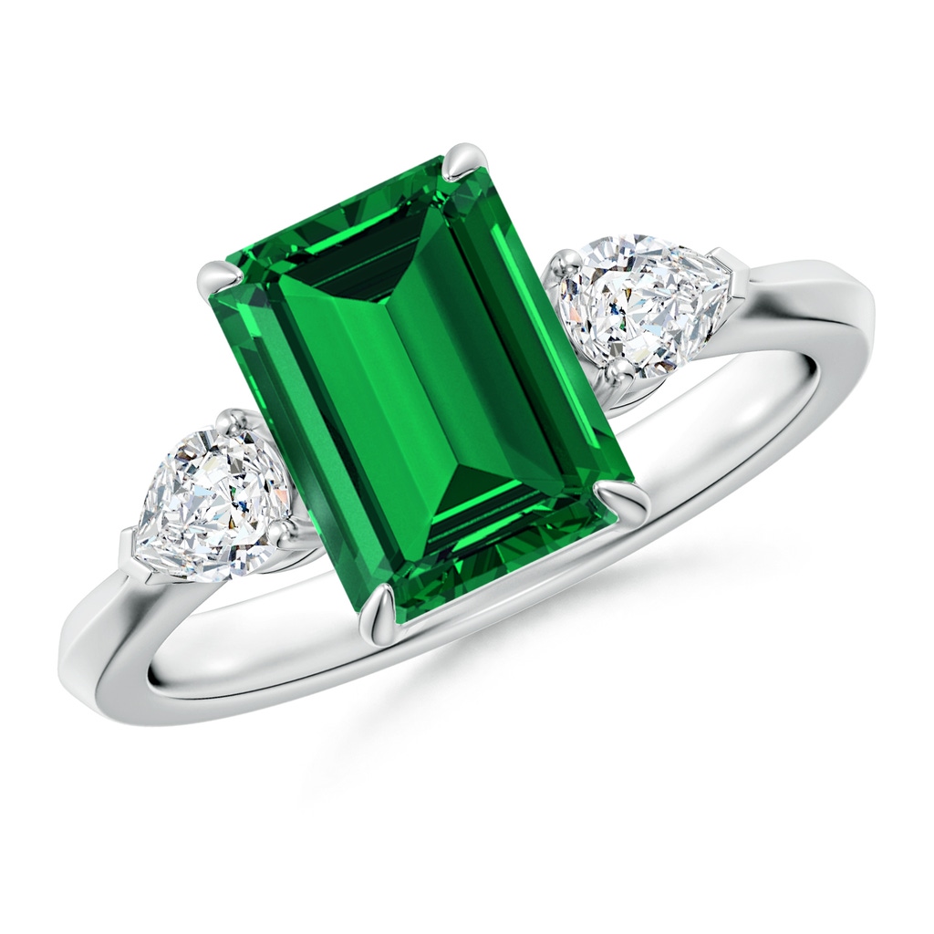 9x7mm Labgrown Lab-Grown Emerald-Cut Emerald and Pear Diamond Three Stone Engagement Ring in White Gold