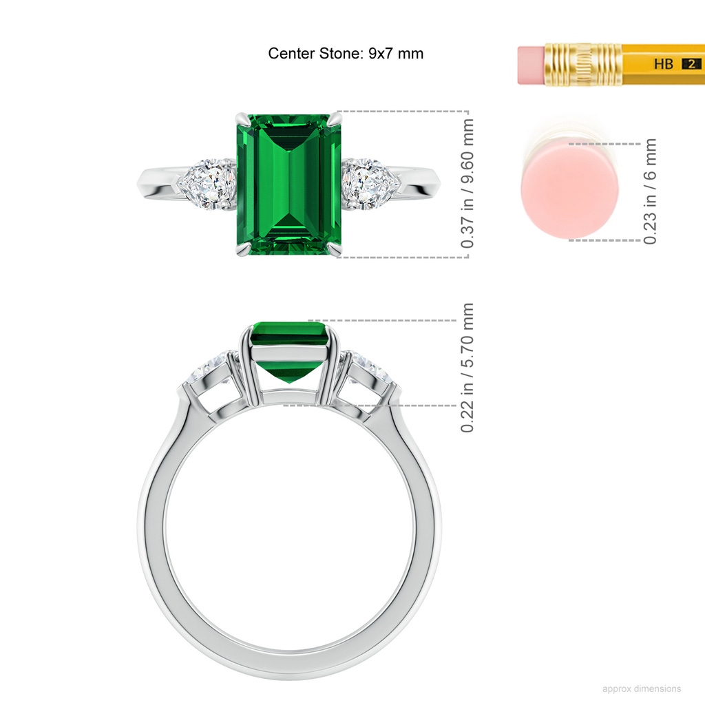 9x7mm Labgrown Lab-Grown Emerald-Cut Emerald and Pear Diamond Three Stone Engagement Ring in White Gold ruler