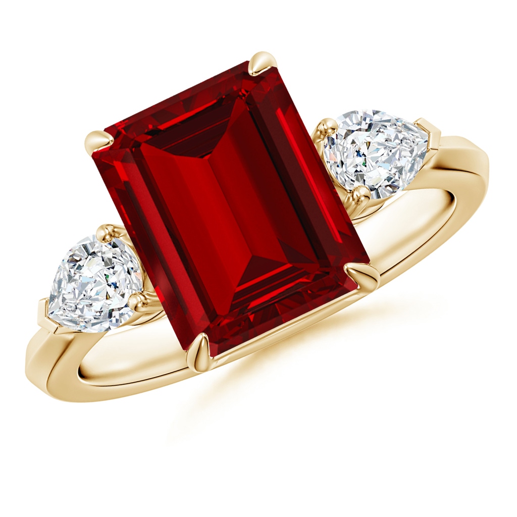 10x8mm Labgrown Lab-Grown Emerald-Cut Ruby and Pear Diamond Three Stone Engagement Ring in Yellow Gold