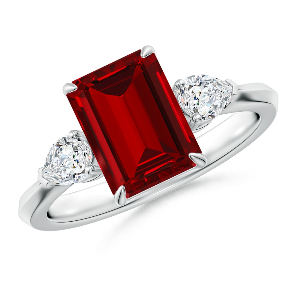 9x7mm Labgrown Lab-Grown Emerald-Cut Ruby and Pear Diamond Three Stone Engagement Ring in White Gold