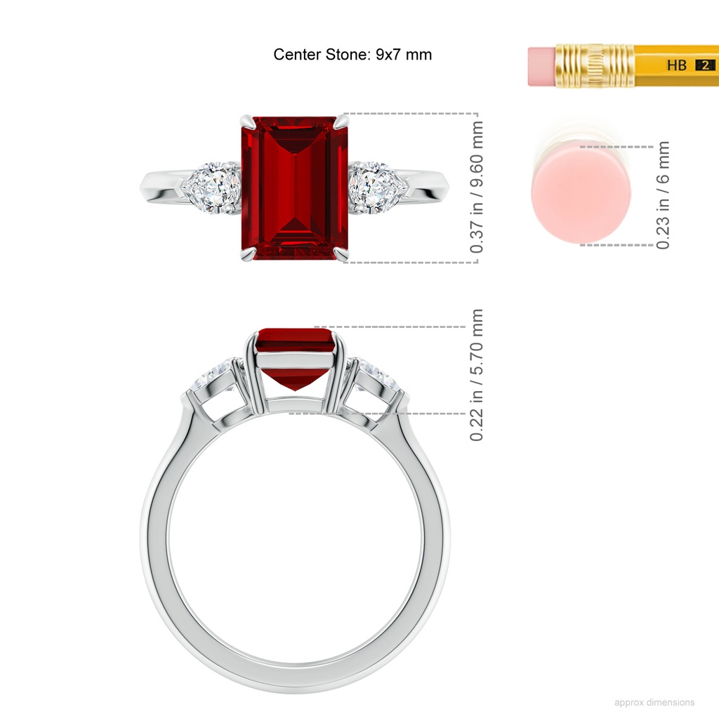 9x7mm Labgrown Lab-Grown Emerald-Cut Ruby and Pear Diamond Three Stone Engagement Ring in White Gold ruler