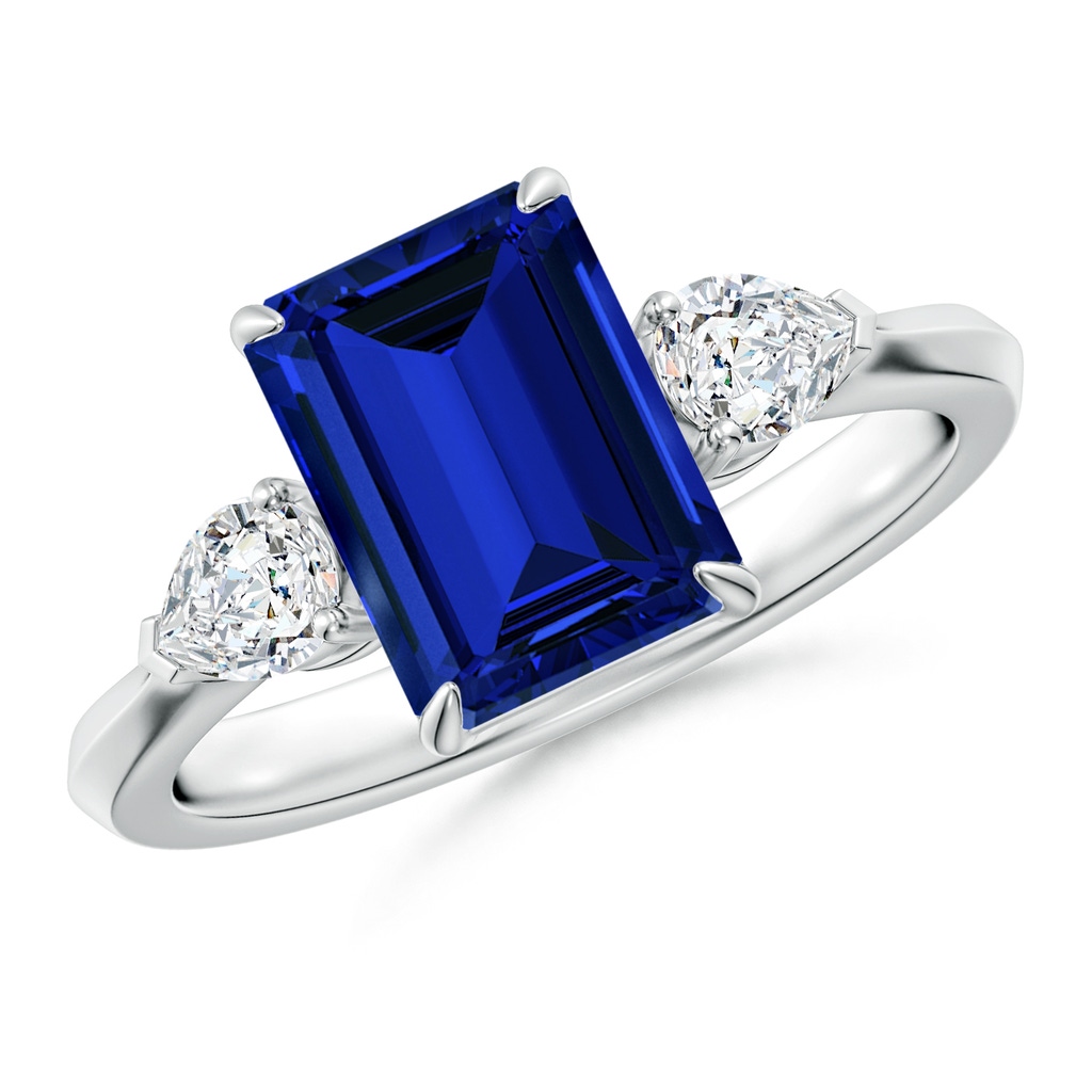 9x7mm Labgrown Lab-Grown Emerald-Cut Blue Sapphire and Pear Diamond Three Stone Engagement Ring in White Gold