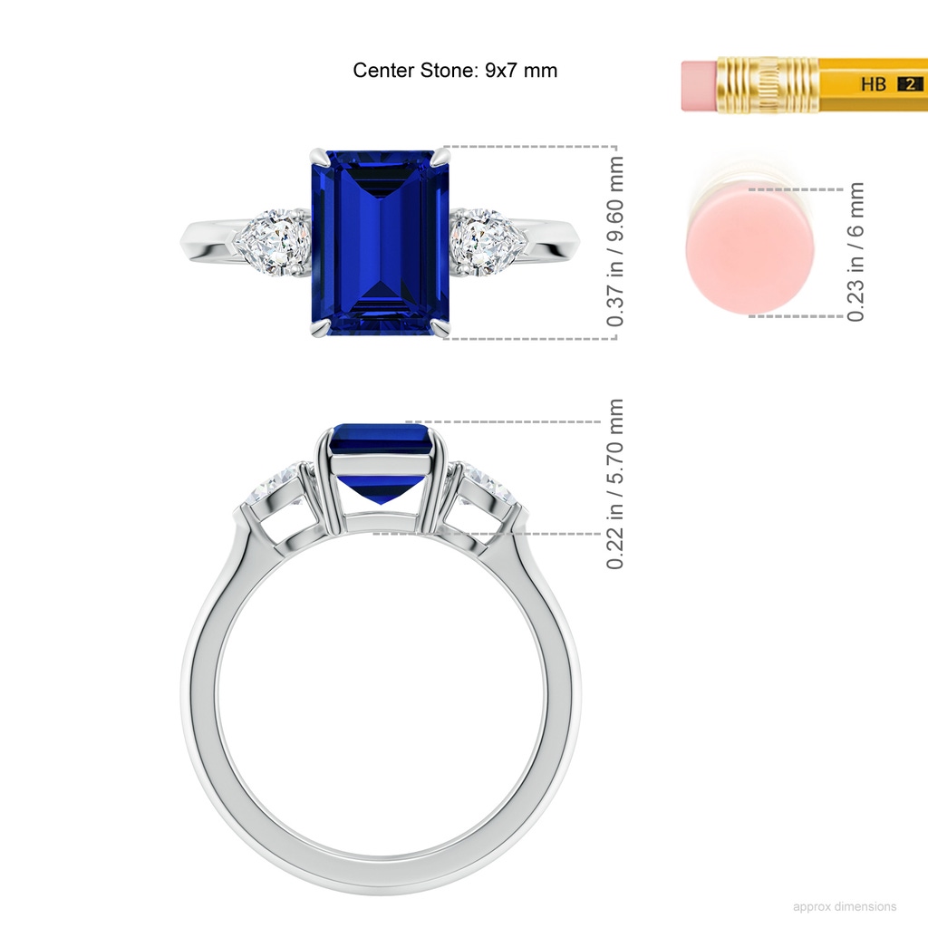 9x7mm Labgrown Lab-Grown Emerald-Cut Blue Sapphire and Pear Diamond Three Stone Engagement Ring in White Gold ruler