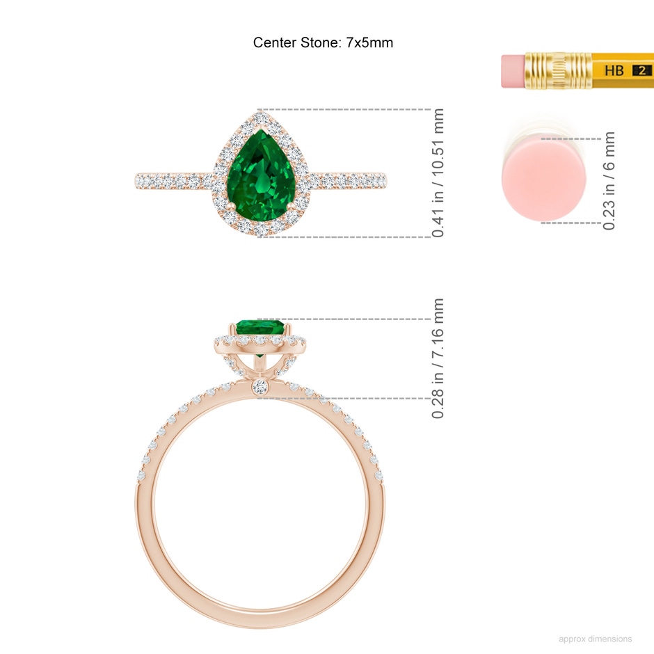 7x5mm Labgrown Lab-Grown Pear-Shaped Emerald Classic Halo Engagement Ring in Rose Gold ruler