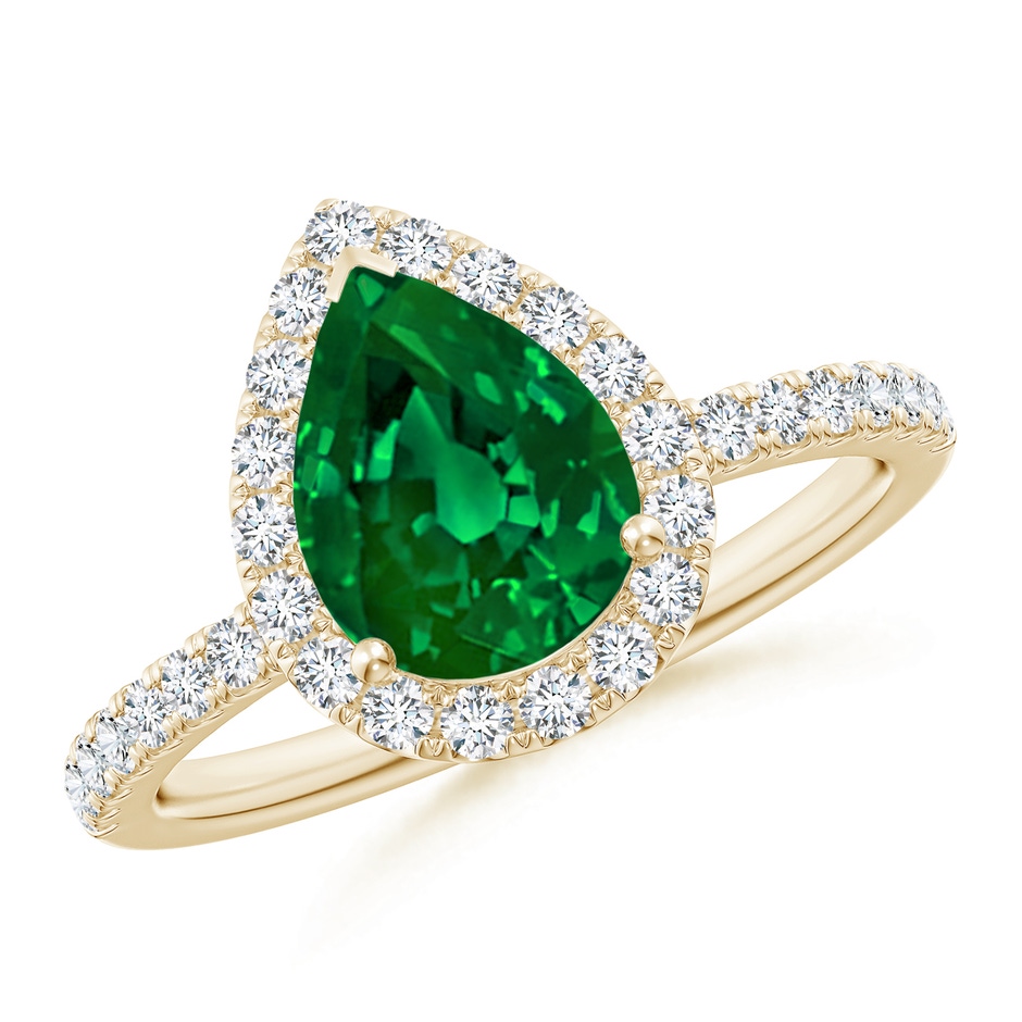 9x7mm Labgrown Lab-Grown Pear-Shaped Emerald Classic Halo Engagement Ring in Yellow Gold 
