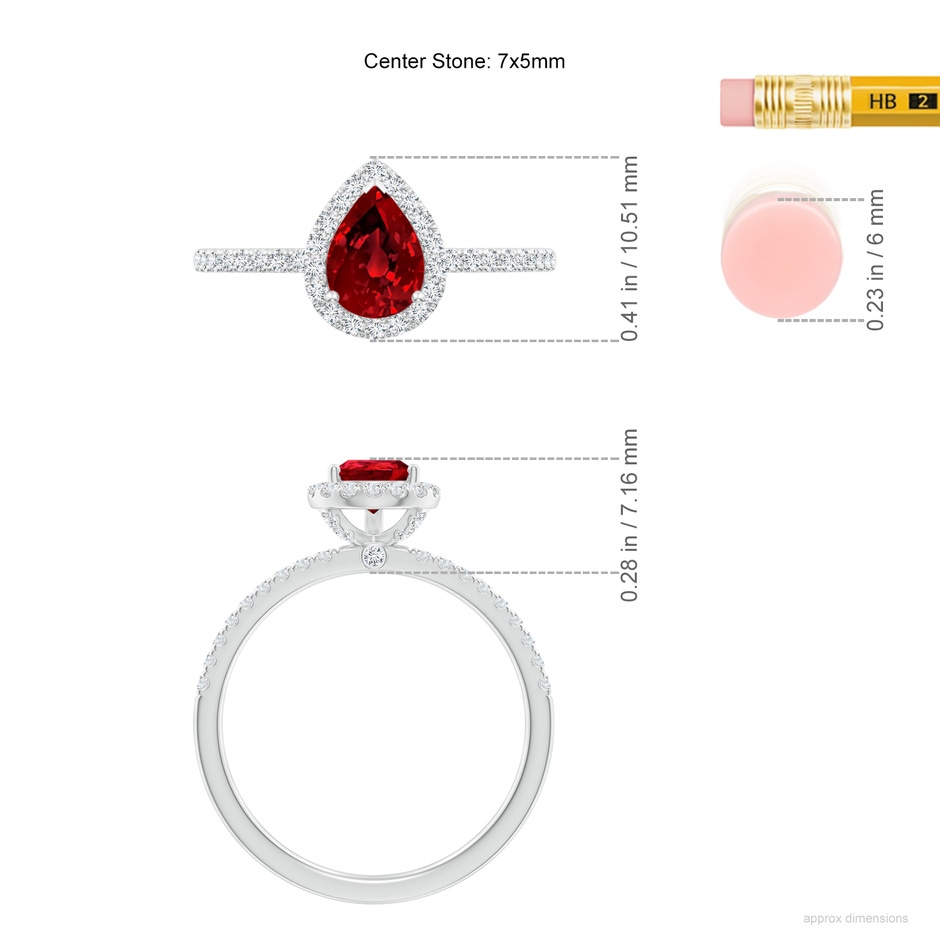 7x5mm Labgrown Lab-Grown Pear-Shaped Ruby Classic Halo Engagement Ring in White Gold ruler