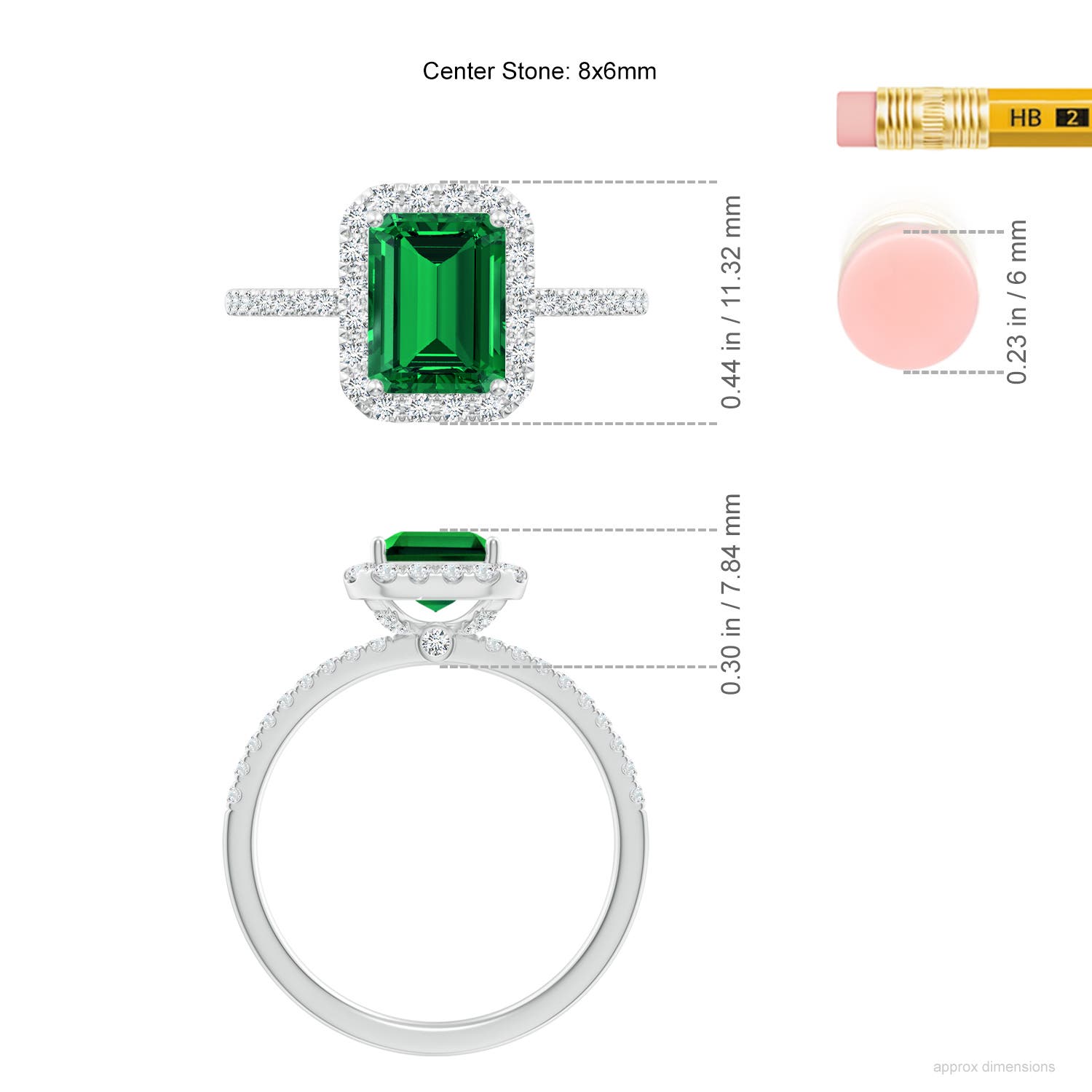 8x6mm Labgrown Lab-Grown Emerald-Cut Emerald Classic Halo Engagement Ring in White Gold - ruler