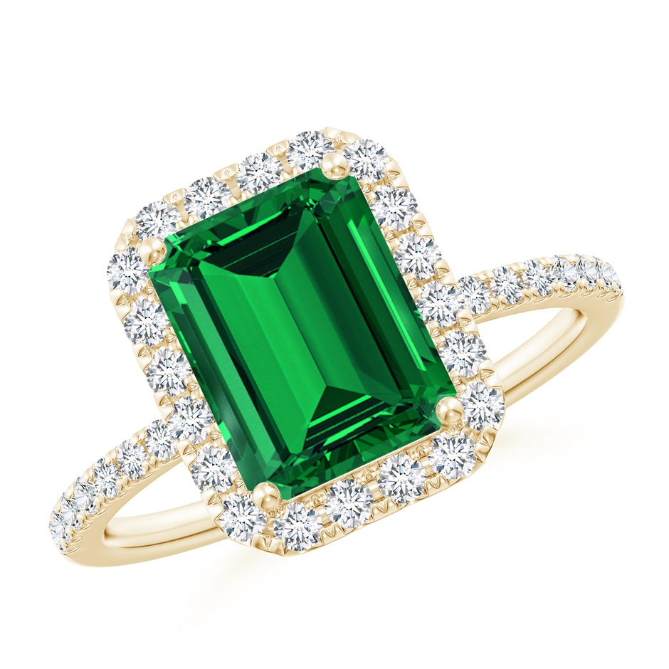 9x7mm Labgrown Lab-Grown Emerald-Cut Emerald Classic Halo Engagement Ring in 18K Yellow Gold 