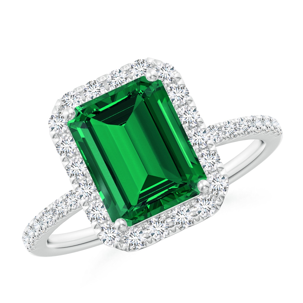 9x7mm Labgrown Lab-Grown Emerald-Cut Emerald Classic Halo Engagement Ring in White Gold