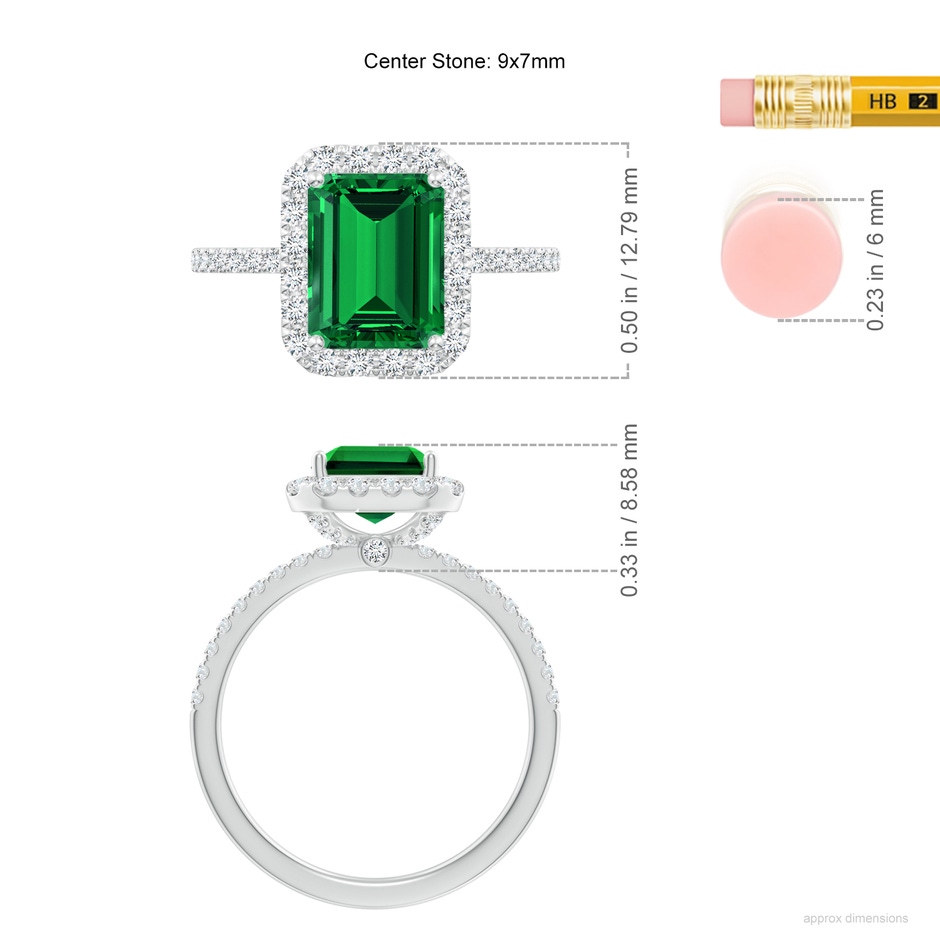 9x7mm Labgrown Lab-Grown Emerald-Cut Emerald Classic Halo Engagement Ring in White Gold ruler