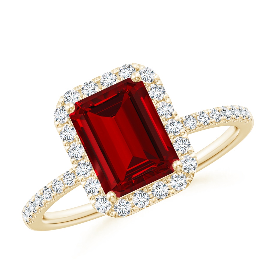 8x6mm Labgrown Lab-Grown Emerald-Cut Ruby Classic Halo Engagement Ring in Yellow Gold 