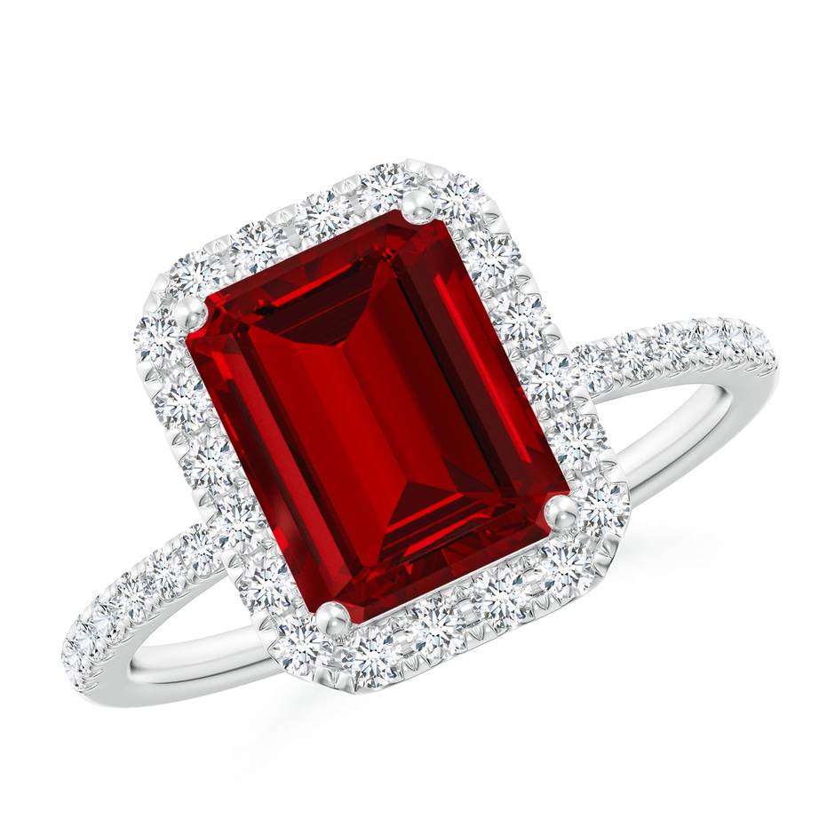 9x7mm Labgrown Lab-Grown Emerald-Cut Ruby Classic Halo Engagement Ring in White Gold 