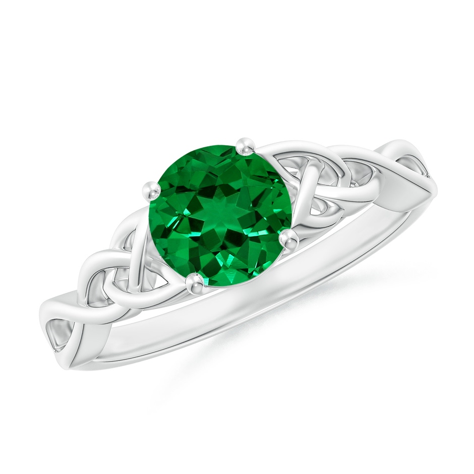 6.5mm Labgrown Lab-Grown Round Emerald Celtic Knot Engagement Ring in 18K White Gold 