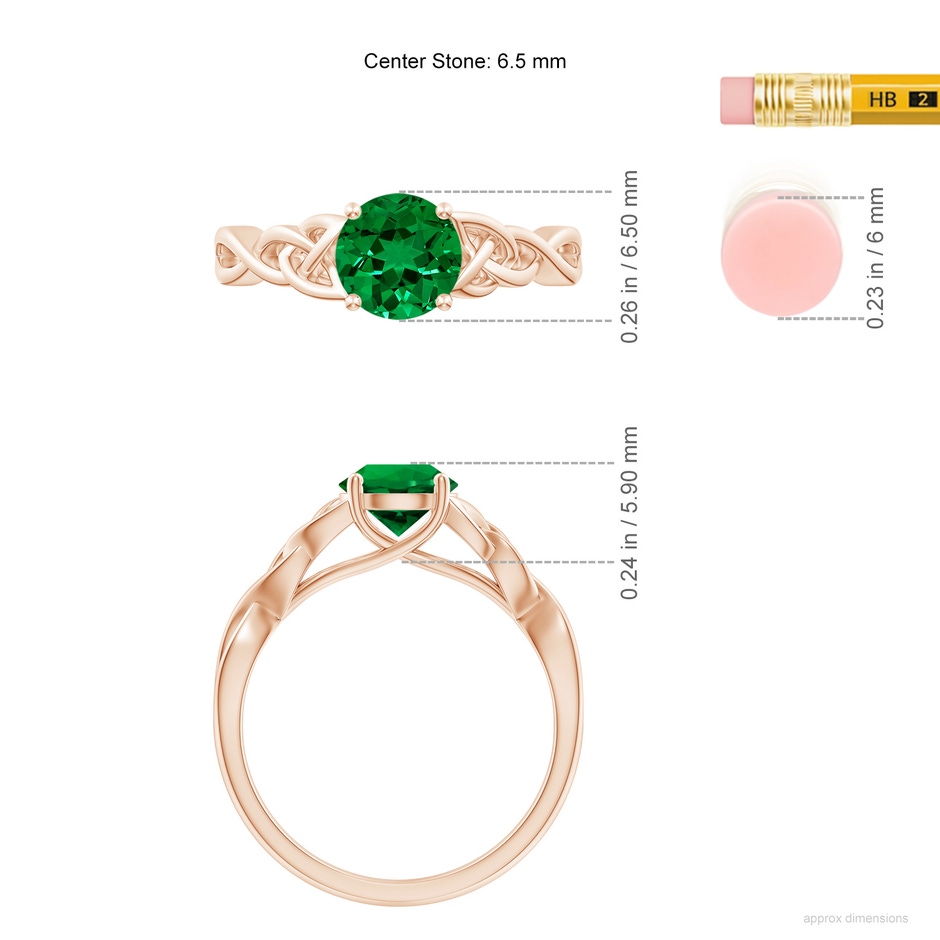 6.5mm Labgrown Lab-Grown Round Emerald Celtic Knot Engagement Ring in Rose Gold ruler