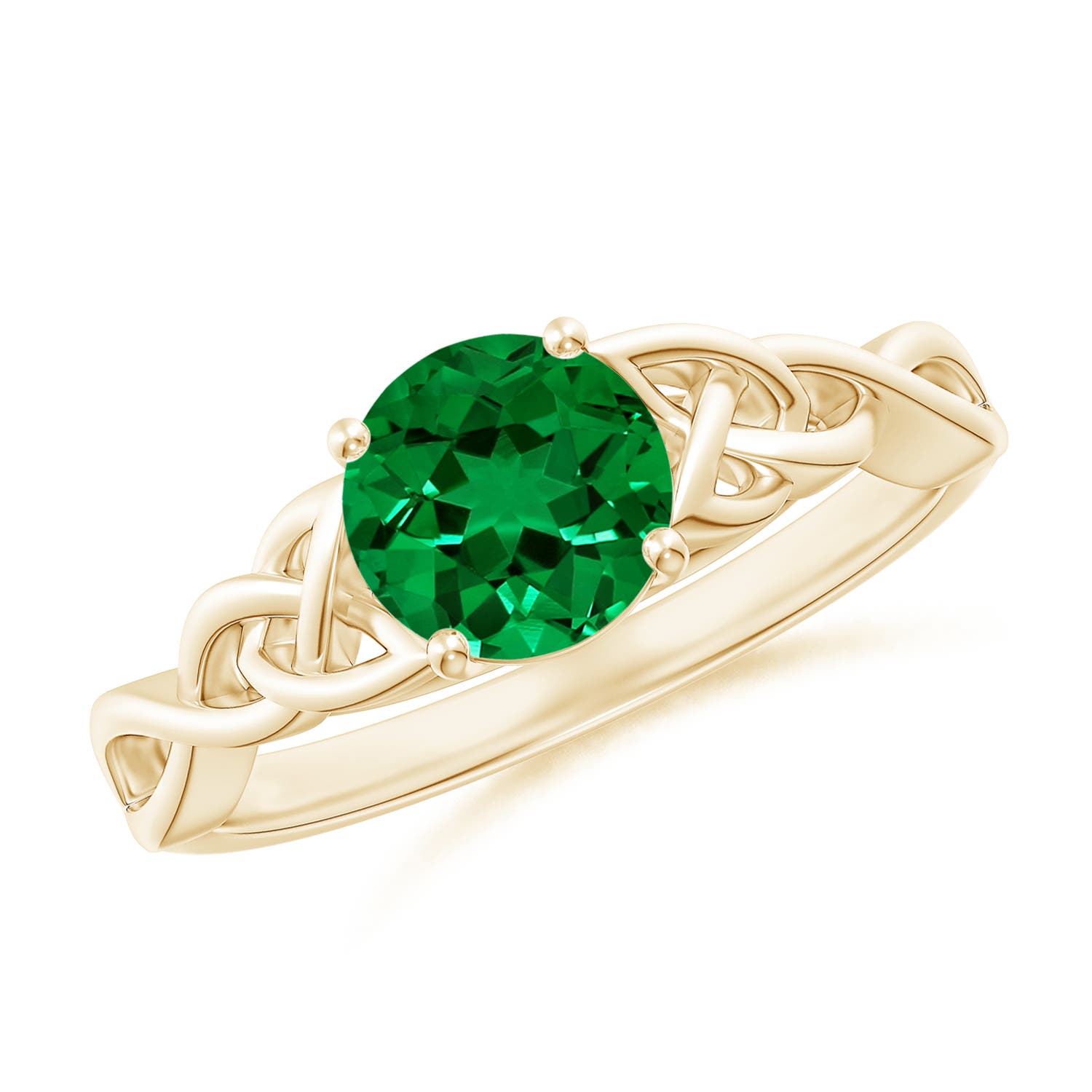 6.5mm Labgrown Lab-Grown Round Emerald Celtic Knot Engagement Ring in Yellow Gold
