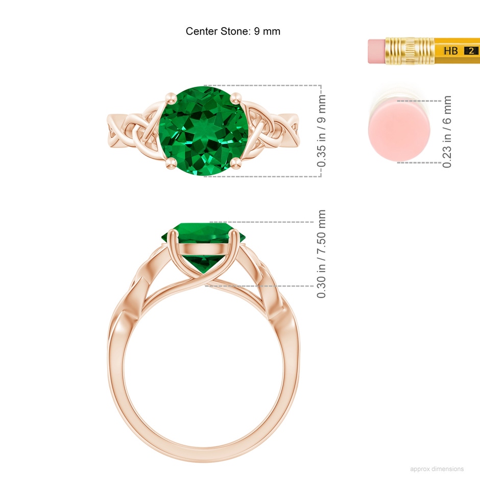9mm Labgrown Lab-Grown Round Emerald Celtic Knot Engagement Ring in 18K Rose Gold ruler
