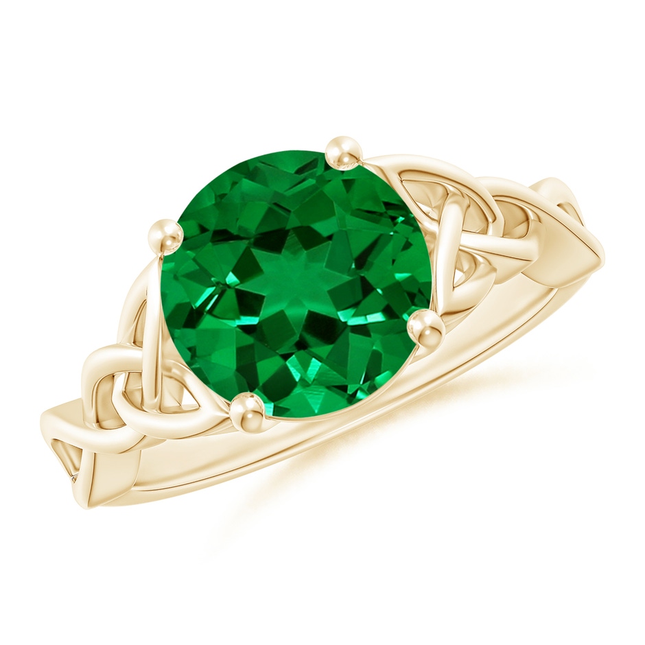 9mm Labgrown Lab-Grown Round Emerald Celtic Knot Engagement Ring in Yellow Gold 