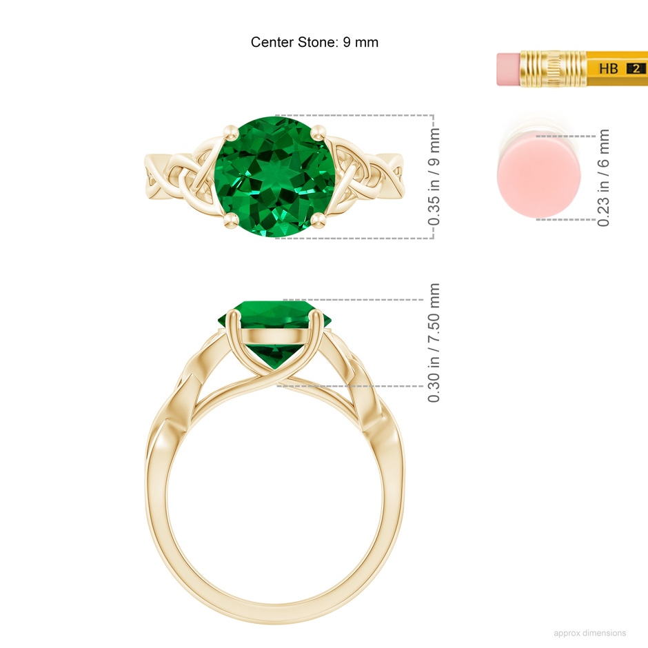 9mm Labgrown Lab-Grown Round Emerald Celtic Knot Engagement Ring in Yellow Gold ruler