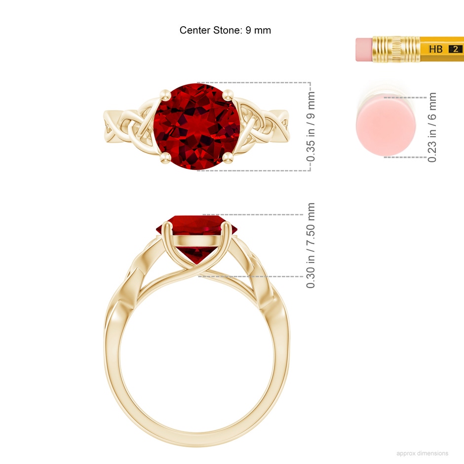 9mm Labgrown Lab-Grown Round Ruby Celtic Knot Engagement Ring in Yellow Gold ruler