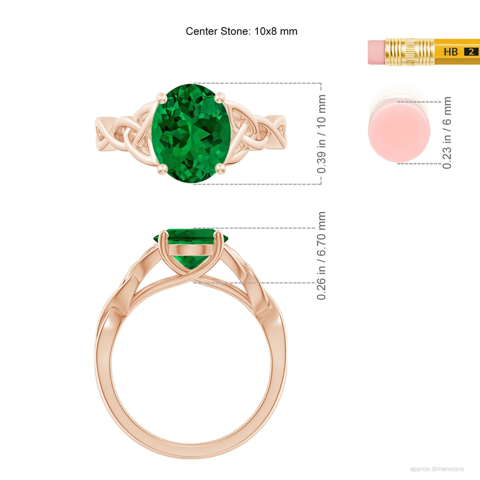 10x8mm Labgrown Lab-Grown Oval Emerald Celtic Knot Engagement Ring in 18K Rose Gold ruler