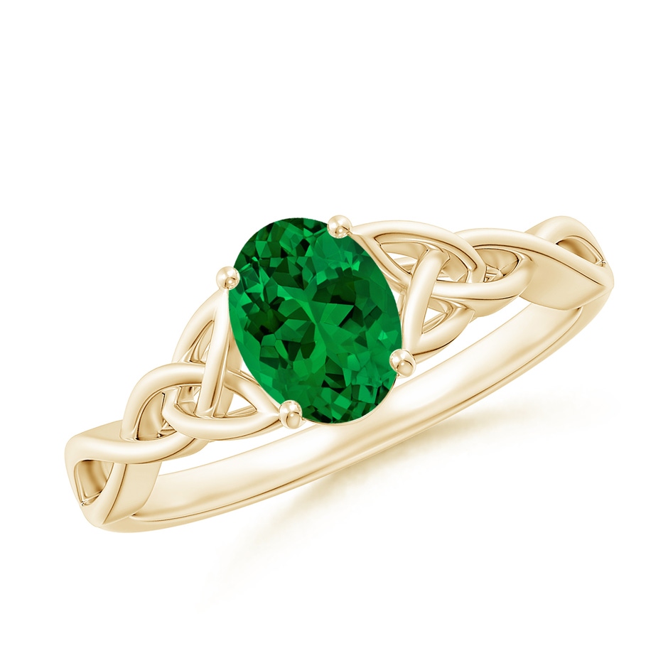 7x5mm Labgrown Lab-Grown Oval Emerald Celtic Knot Engagement Ring in 10K Yellow Gold 