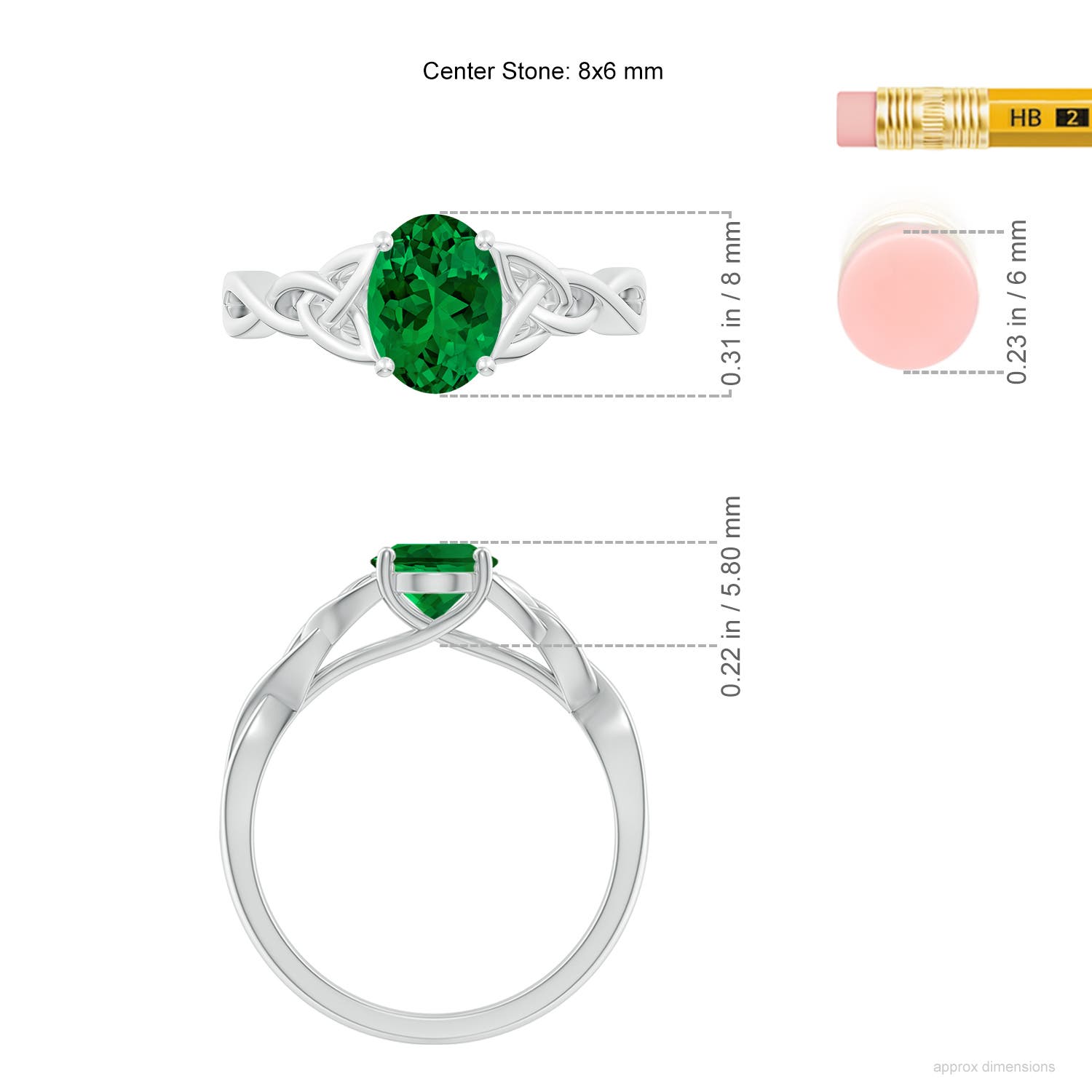 8x6mm Labgrown Lab-Grown Oval Emerald Celtic Knot Engagement Ring in 18K White Gold - ruler