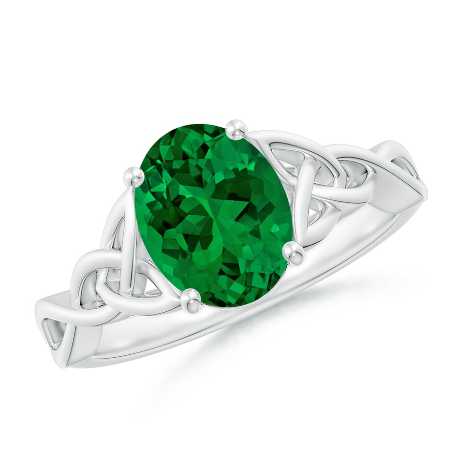 9x7mm Labgrown Lab-Grown Oval Emerald Celtic Knot Engagement Ring in 18K White Gold 