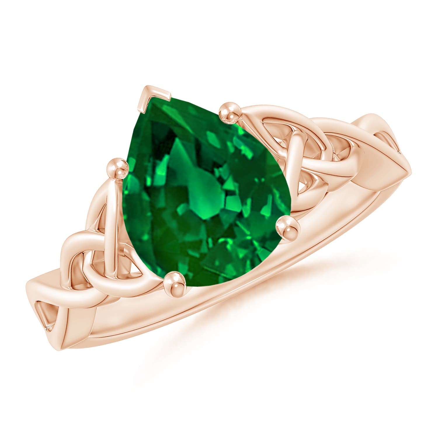 10x8mm Labgrown Lab-Grown Pear-Shaped Emerald Celtic Knot Engagement Ring in Rose Gold