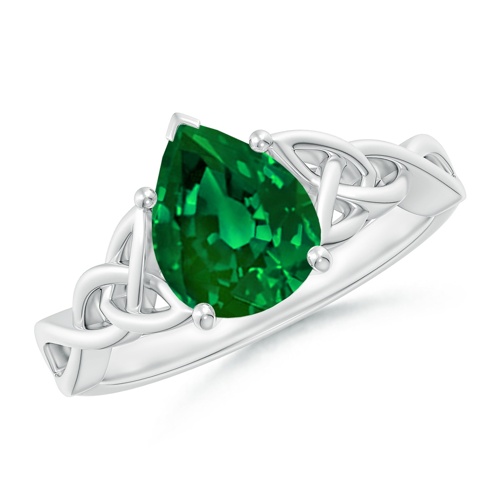 9x7mm Labgrown Lab-Grown Pear-Shaped Emerald Celtic Knot Engagement Ring in White Gold