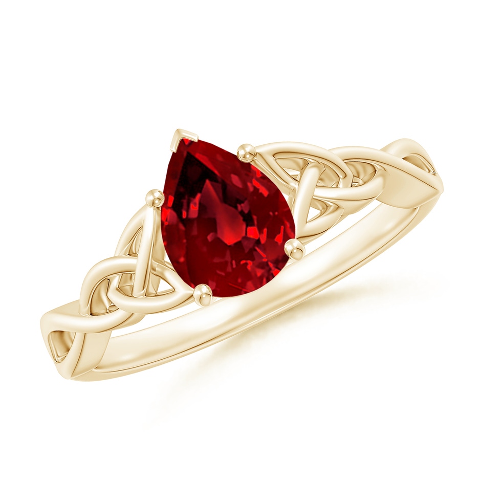 8x6mm Labgrown Lab-Grown Pear-Shaped Ruby Celtic Knot Engagement Ring in Yellow Gold 