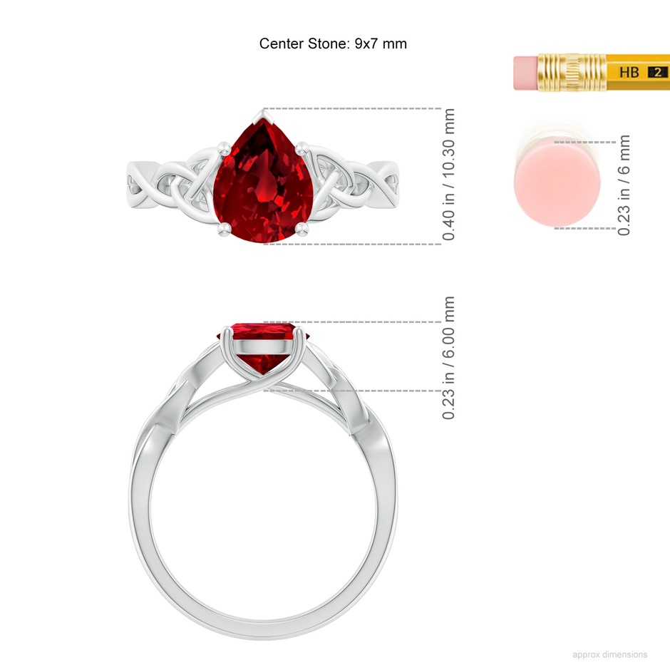 9x7mm Labgrown Lab-Grown Pear-Shaped Ruby Celtic Knot Engagement Ring in 18K White Gold ruler