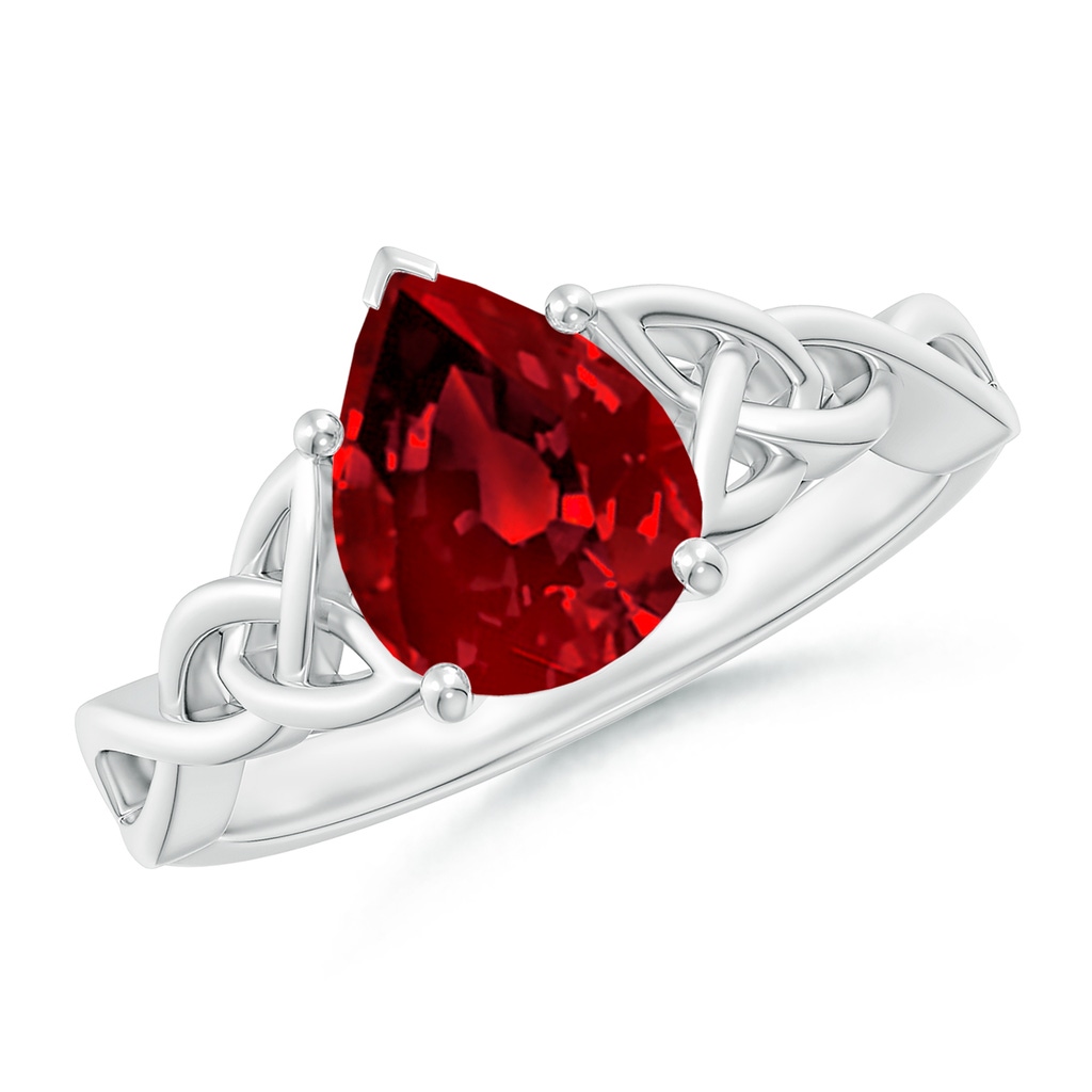 9x7mm Labgrown Lab-Grown Pear-Shaped Ruby Celtic Knot Engagement Ring in White Gold