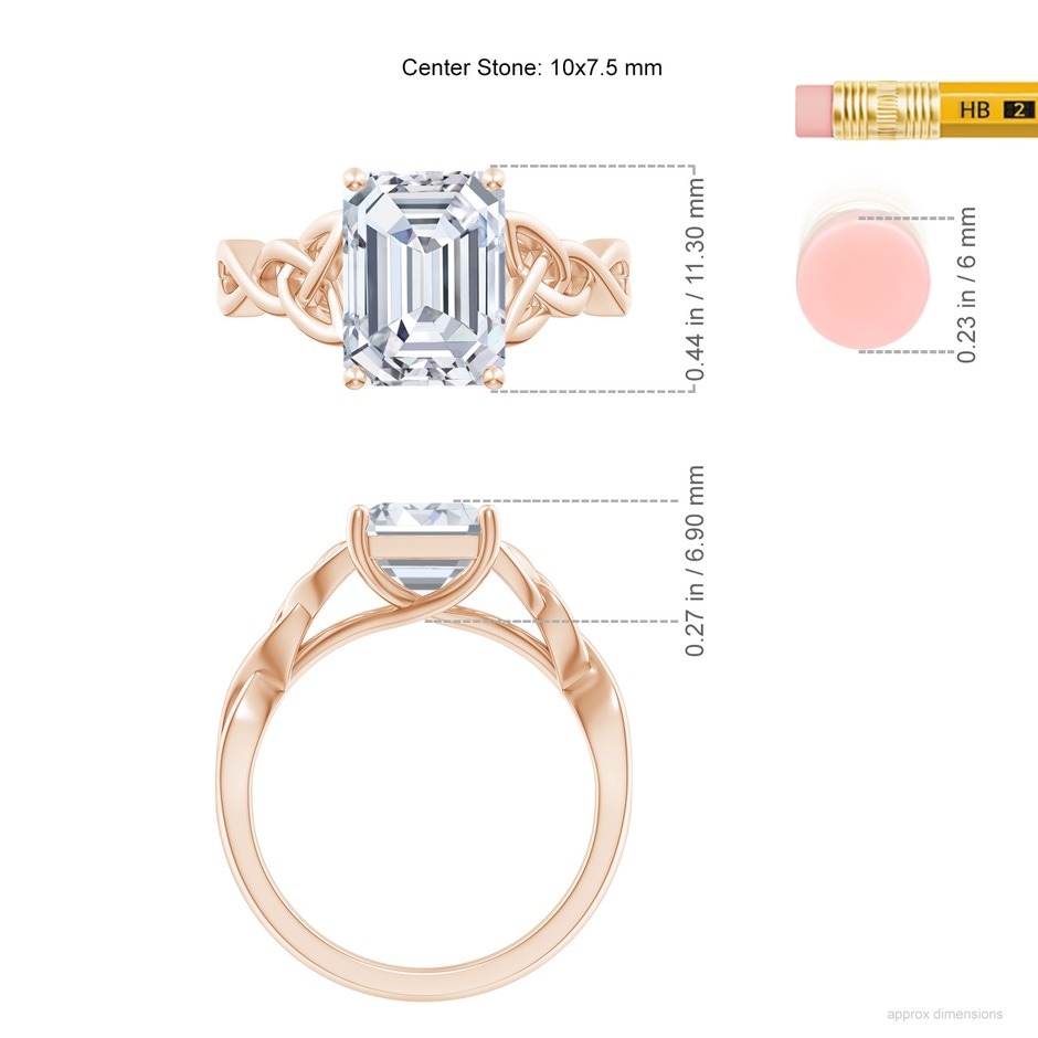 10x7.5mm FGVS Lab-Grown Emerald-Cut Diamond Celtic Knot Engagement Ring in Rose Gold ruler