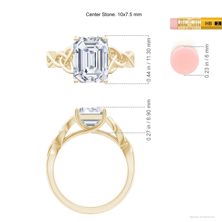 10x7.5mm FGVS Lab-Grown Emerald-Cut Diamond Celtic Knot Engagement Ring in Yellow Gold ruler