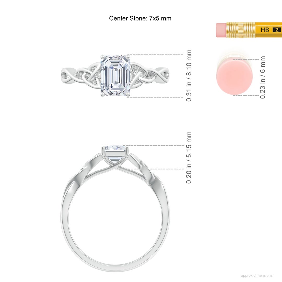 7x5mm FGVS Lab-Grown Emerald-Cut Diamond Celtic Knot Engagement Ring in 18K White Gold - ruler