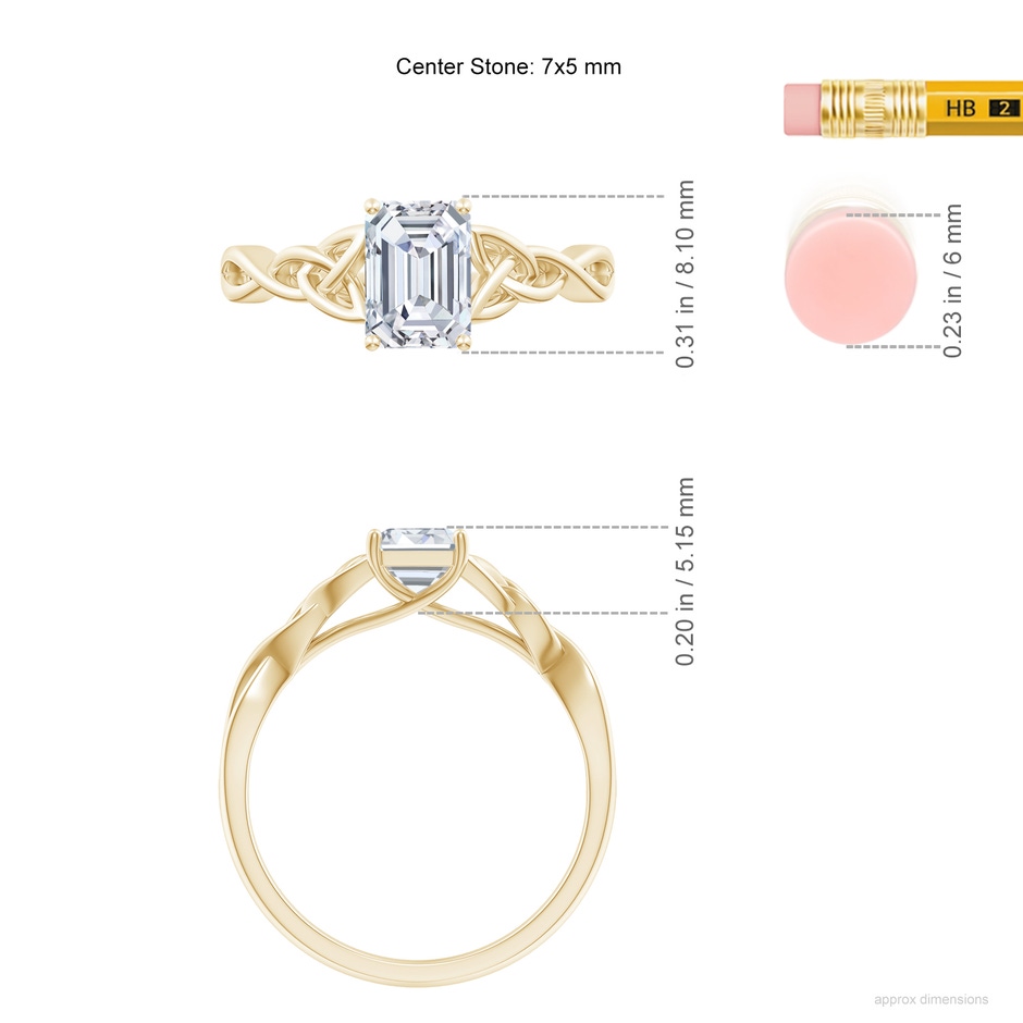 7x5mm FGVS Lab-Grown Emerald-Cut Diamond Celtic Knot Engagement Ring in Yellow Gold ruler