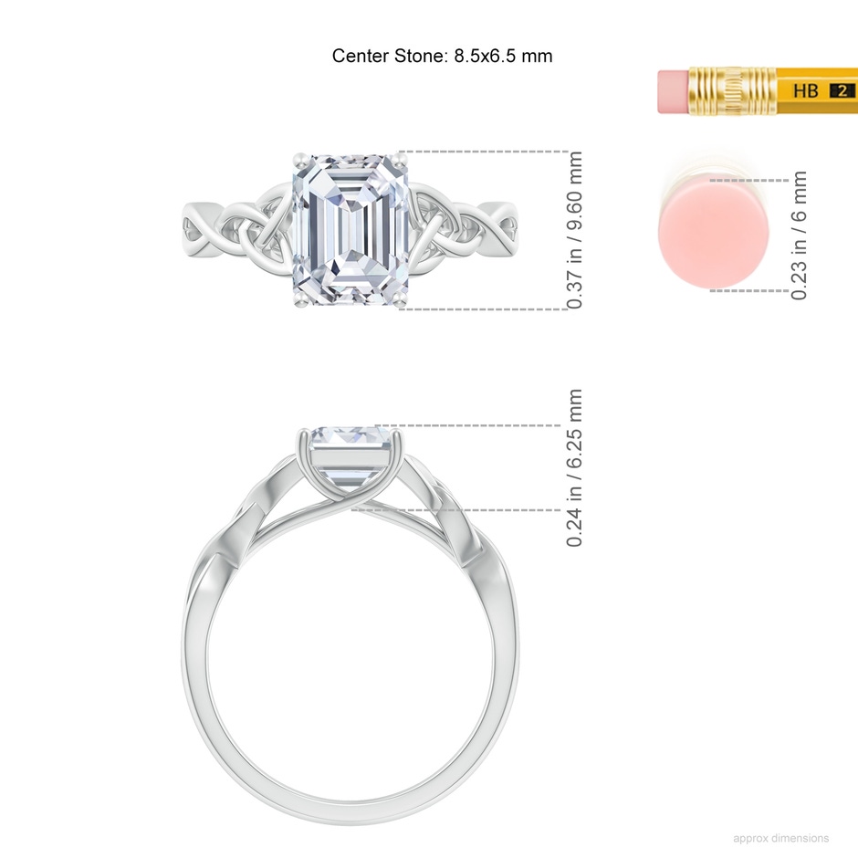 8.5x6.5mm FGVS Lab-Grown Emerald-Cut Diamond Celtic Knot Engagement Ring in White Gold ruler