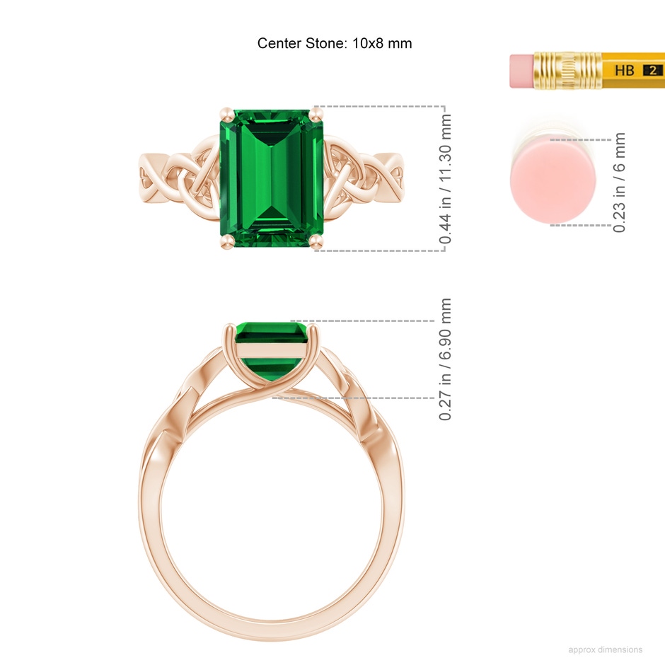 10x8mm Labgrown Lab-Grown Emerald-Cut Emerald Celtic Knot Engagement Ring in 18K Rose Gold ruler