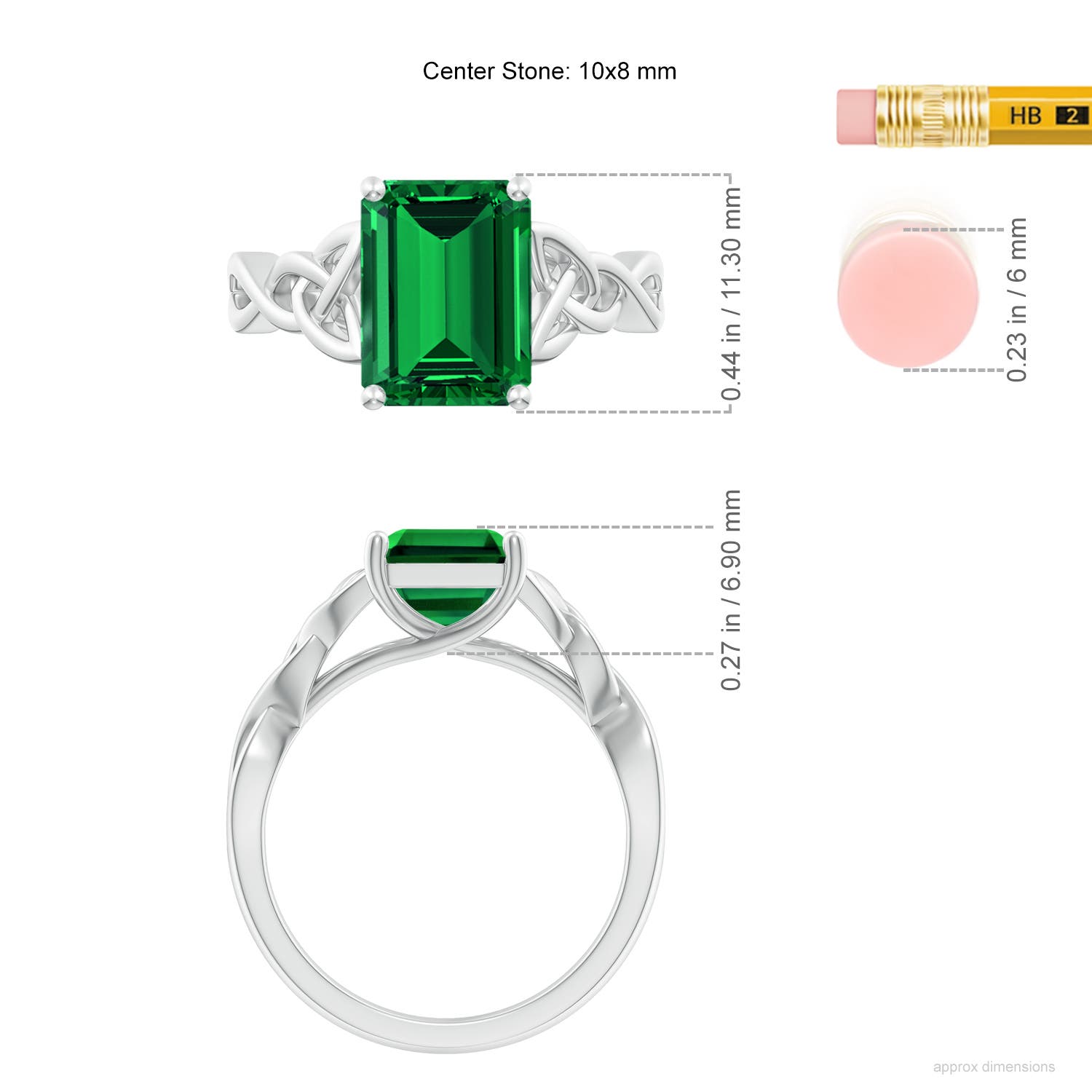 10x8mm Labgrown Lab-Grown Emerald-Cut Emerald Celtic Knot Engagement Ring in White Gold - ruler