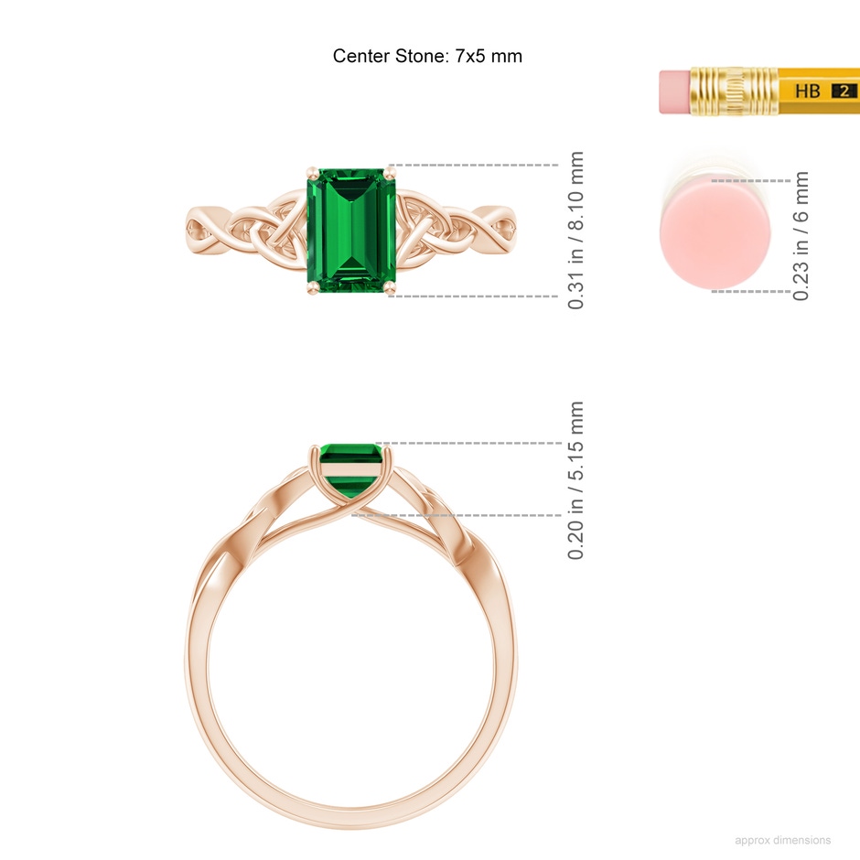 7x5mm Labgrown Lab-Grown Emerald-Cut Emerald Celtic Knot Engagement Ring in Rose Gold ruler