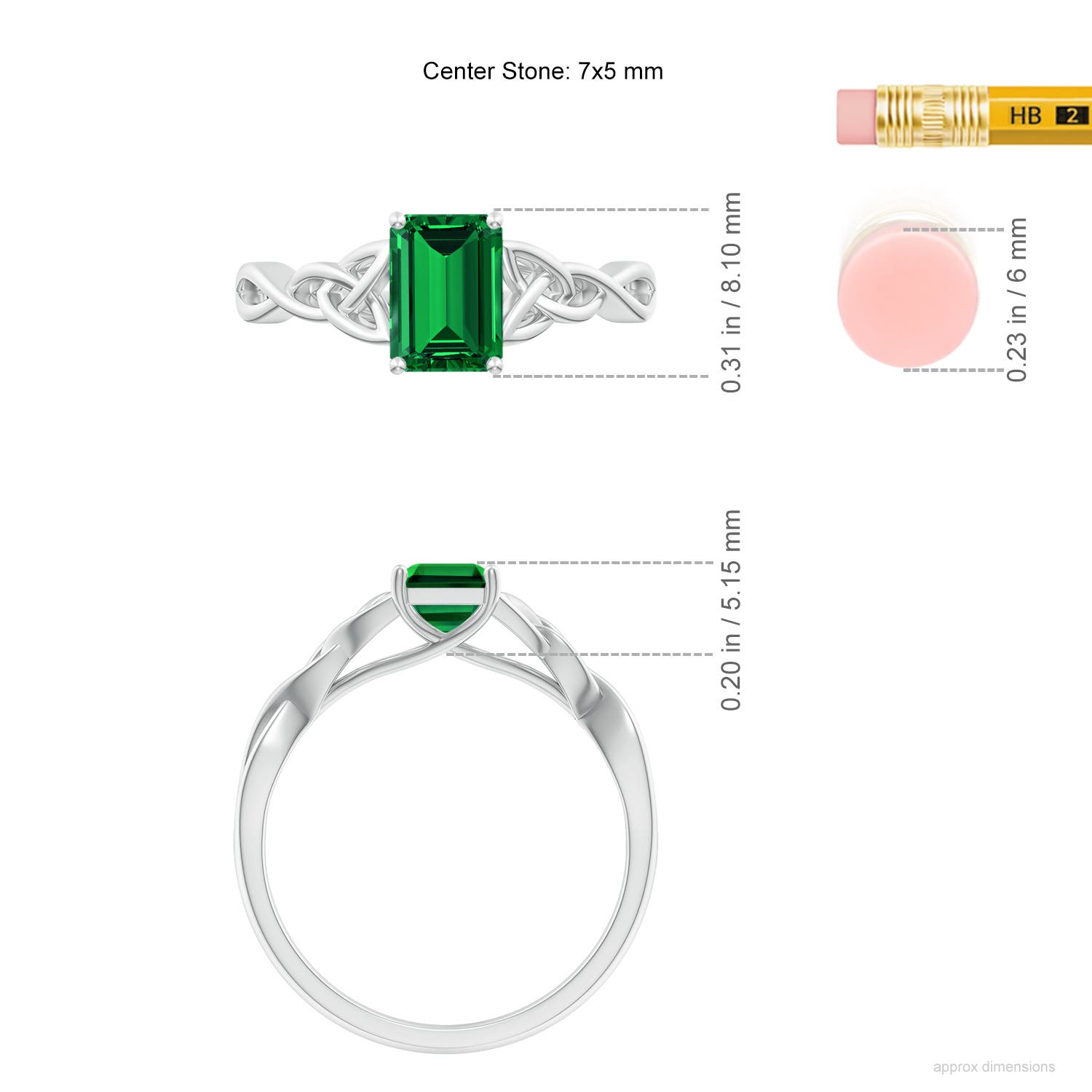 7x5mm Labgrown Lab-Grown Emerald-Cut Emerald Celtic Knot Engagement Ring in White Gold - ruler