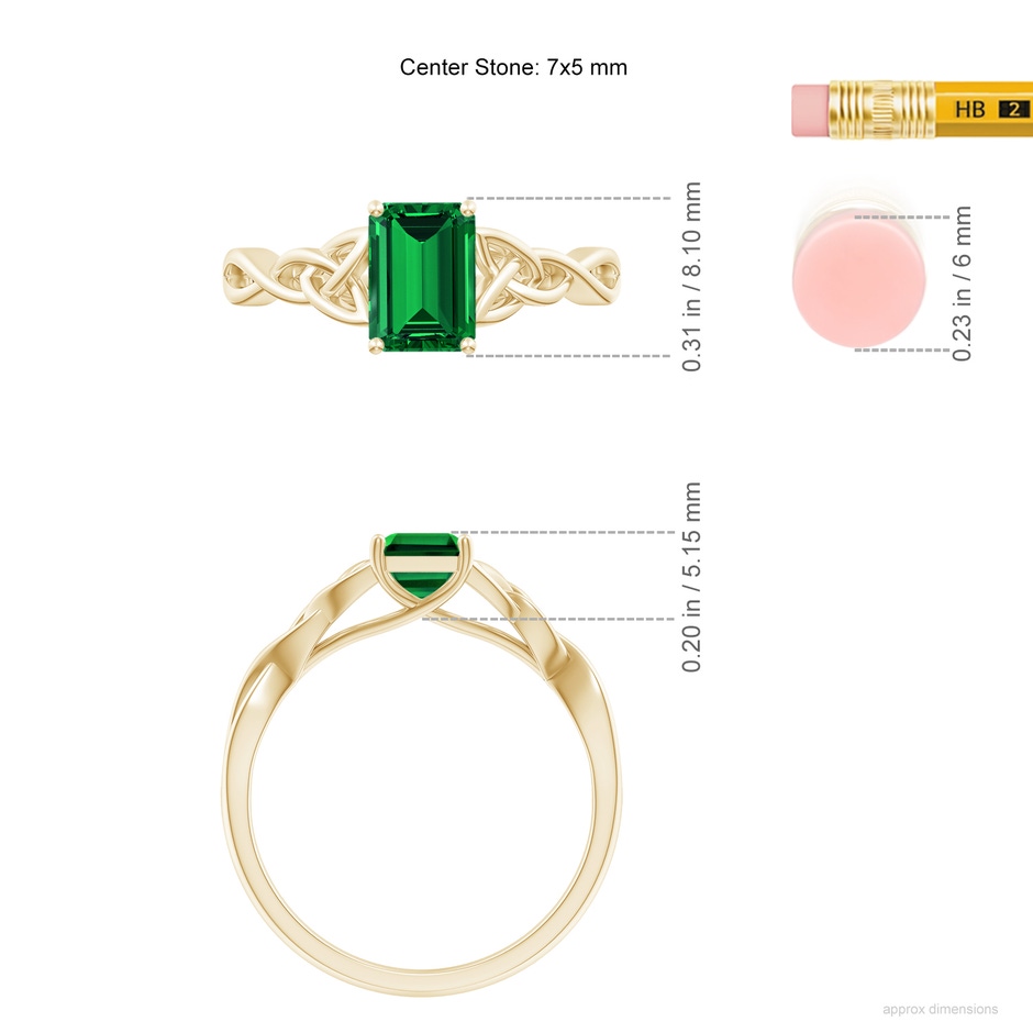 7x5mm Labgrown Lab-Grown Emerald-Cut Emerald Celtic Knot Engagement Ring in Yellow Gold ruler