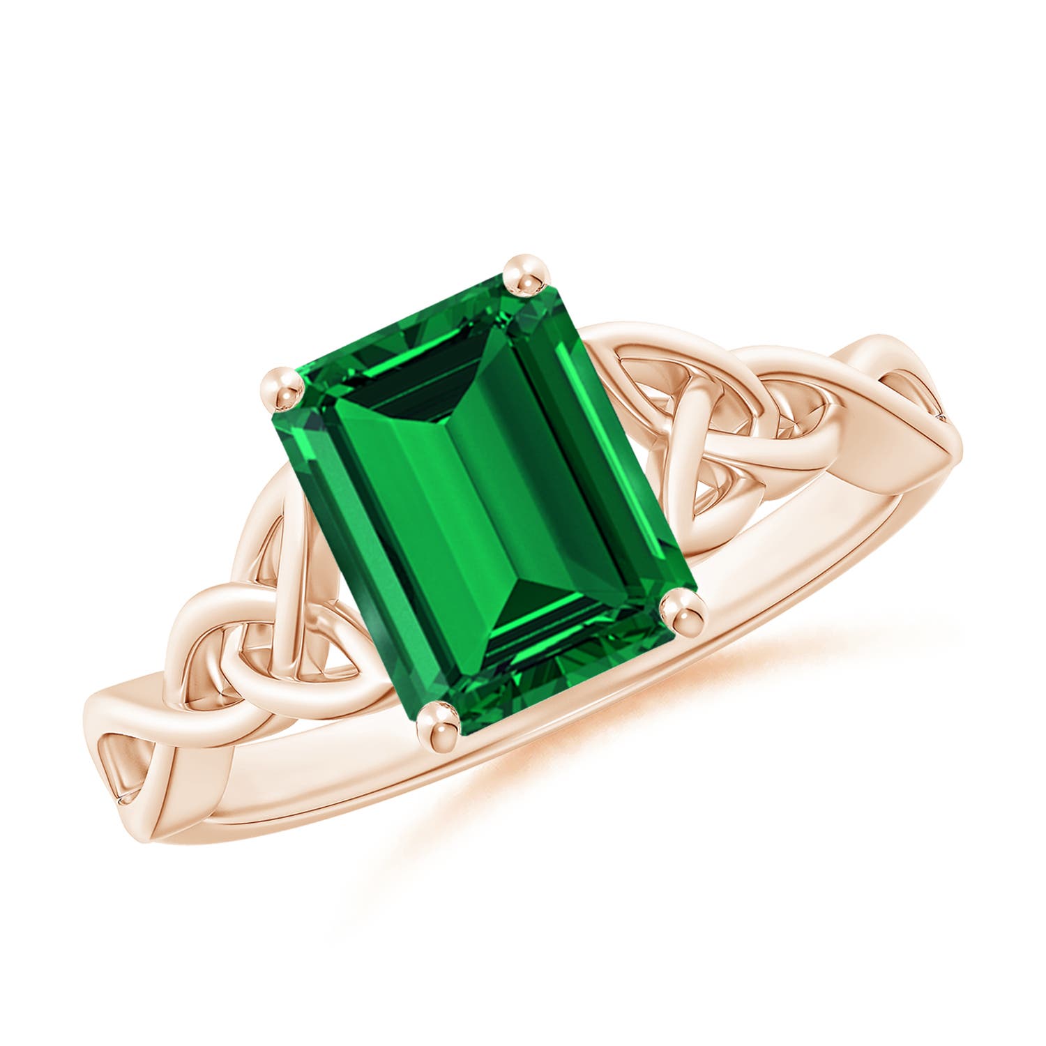 9x7mm Labgrown Lab-Grown Emerald-Cut Emerald Celtic Knot Engagement Ring in 18K Rose Gold