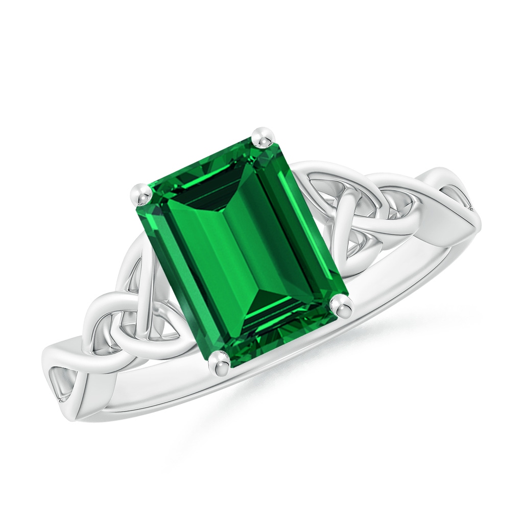 9x7mm Labgrown Lab-Grown Emerald-Cut Emerald Celtic Knot Engagement Ring in White Gold