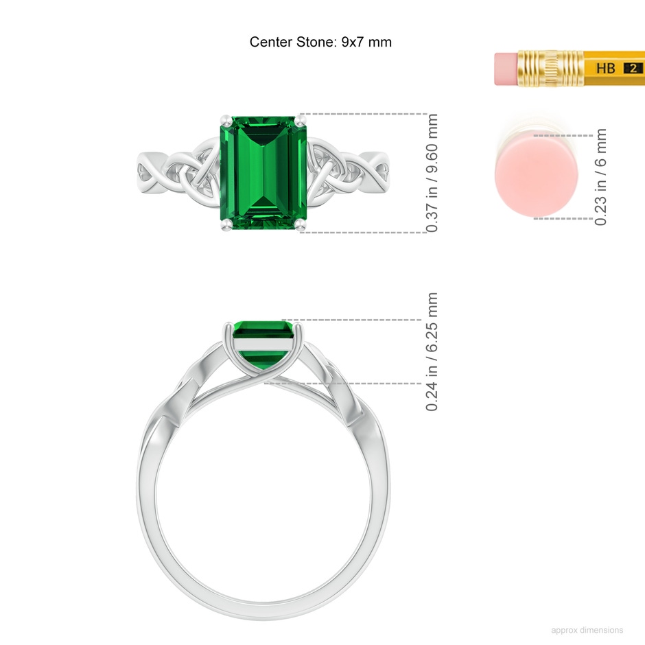 9x7mm Labgrown Lab-Grown Emerald-Cut Emerald Celtic Knot Engagement Ring in White Gold ruler