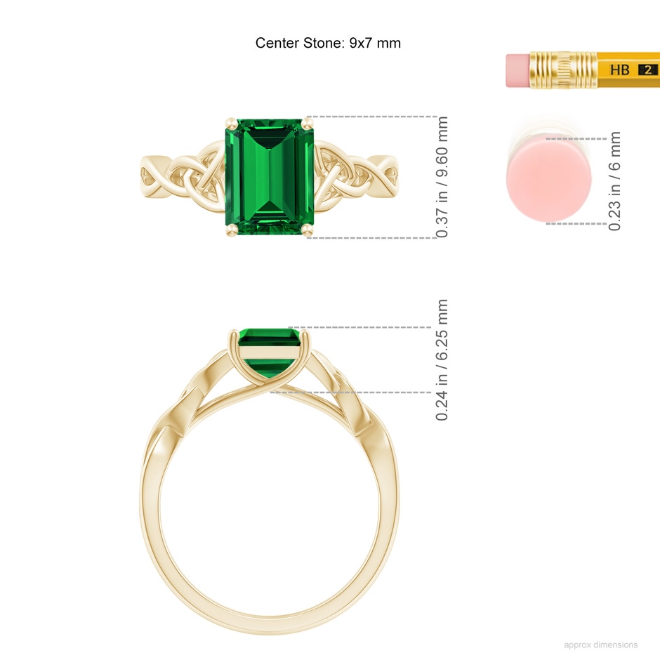 9x7mm Labgrown Lab-Grown Emerald-Cut Emerald Celtic Knot Engagement Ring in Yellow Gold ruler