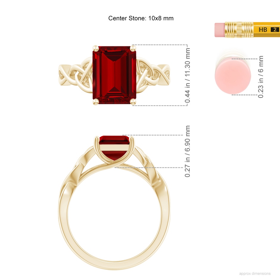 10x8mm Labgrown Lab-Grown Emerald-Cut Ruby Celtic Knot Engagement Ring in Yellow Gold ruler