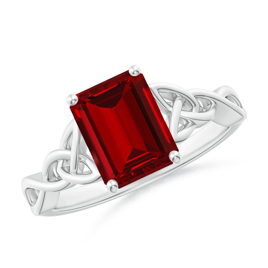 9x7mm Labgrown Lab-Grown Emerald-Cut Ruby Celtic Knot Engagement Ring in White Gold 